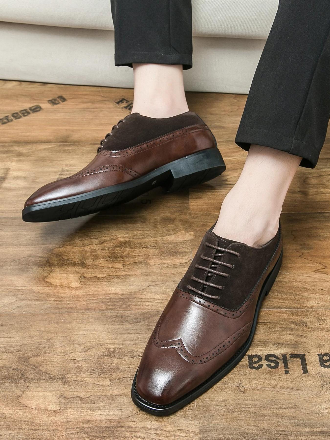 Men's Business Formal Lace Up Patchwork Design Dress Shoes, Fashionable Retro Style Shoes for Work Office, Male All-match Shoes for Daily Wear