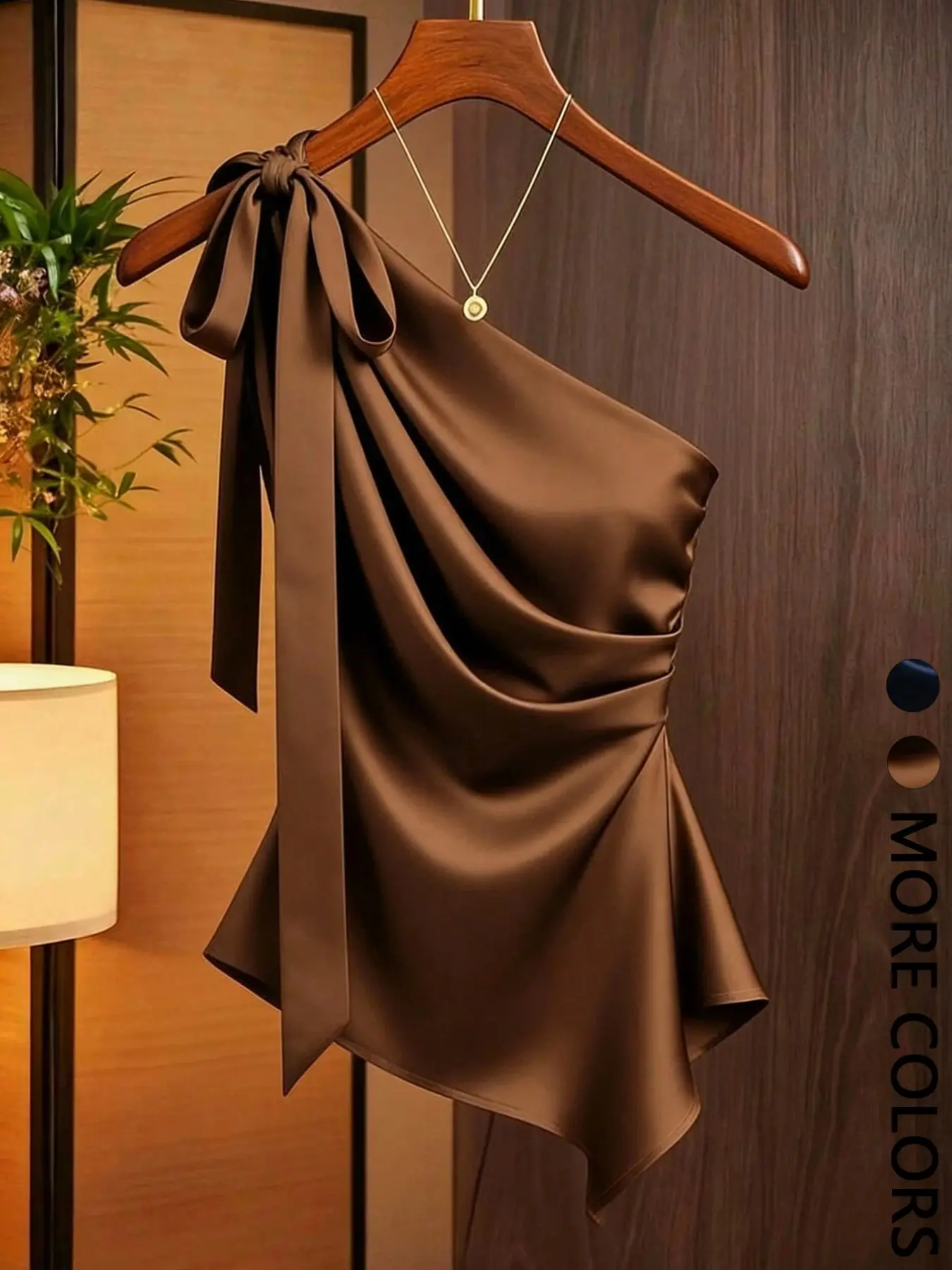 1 Piece One Shoulder Satin Draped Blouse with Bow for Women, Smooth Lightweight, Elegant Commuter Style
