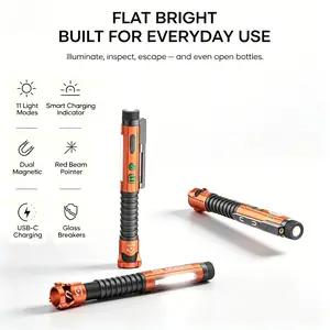 Edc Handheld Flashlight with Breaker Opener, 11 Light Modes, Magnetic, Waterproof, Type-C Fast Charge, Emergency Camping Lantern