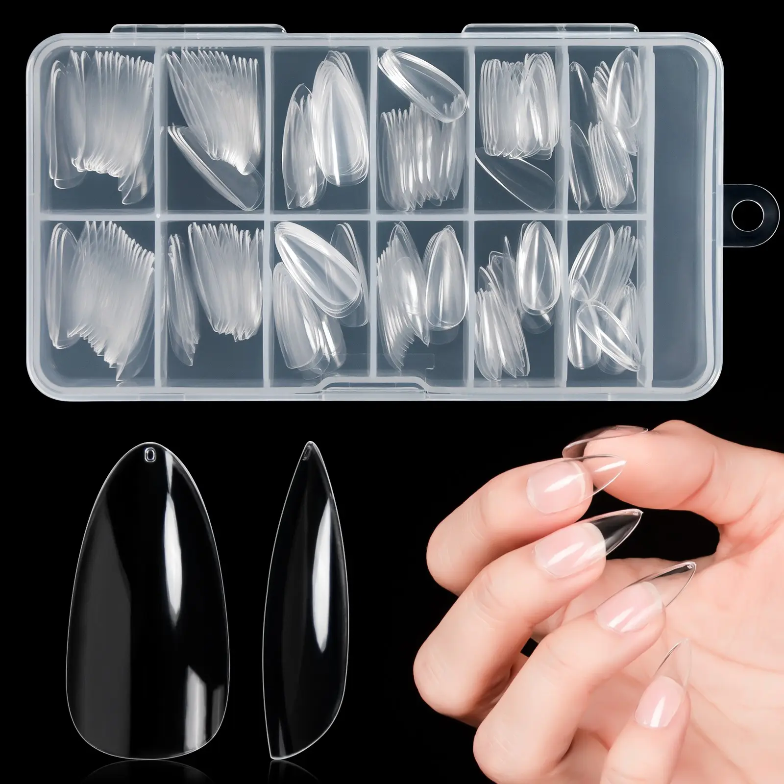 240pcs Transparent Almond Gel Nails, Pre-Formed No Creases, Full Adhesive Artificial Nails, UV Extension & Press-On DIY, Almond False Nails Tips