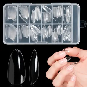 240pcs Transparent Almond Gel Nails, Pre-Formed No Creases, Full Adhesive Artificial Nails, UV Extension & Press-On DIY