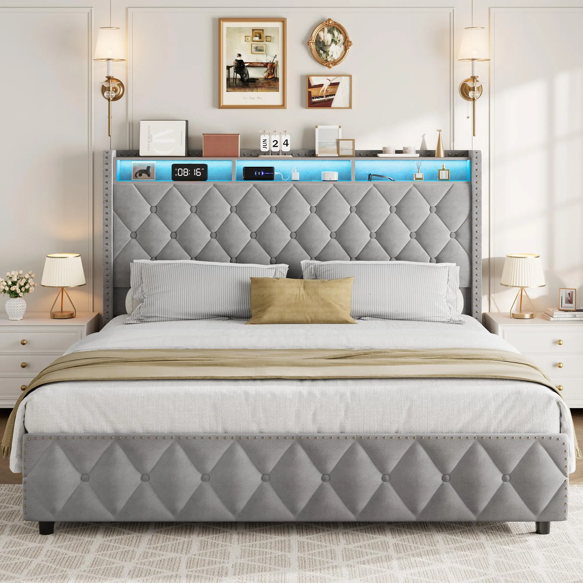 Queen/King Upholstered Platform Bed Frame with 4 Drawers, USB Charging & LED Lights, Noise-Free, No Box Spring, Easy Assembly