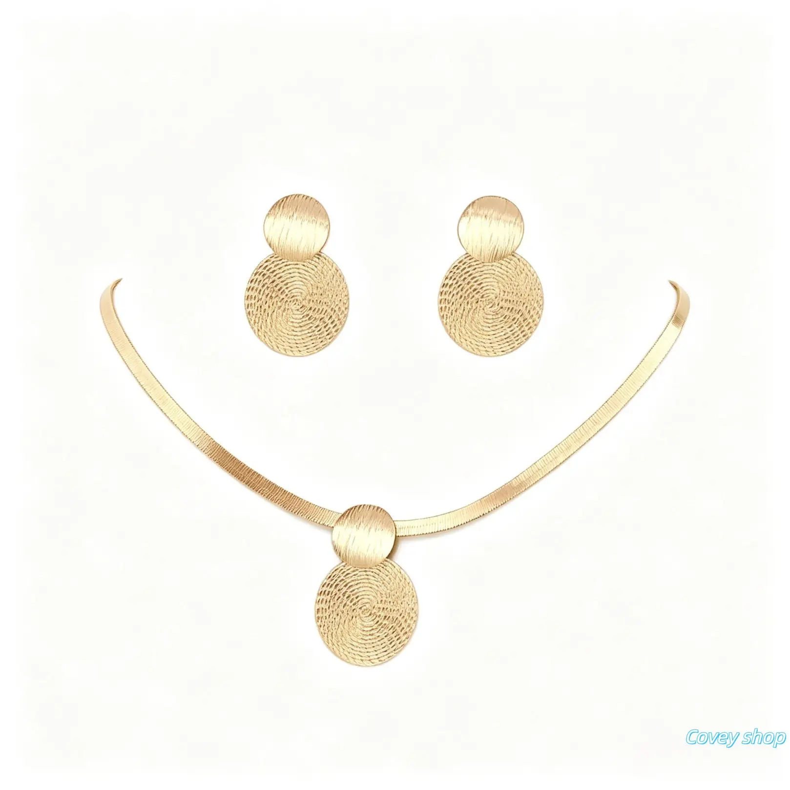 Women's Plated Jewelry Set - Minimalist Geometric Snake Chain Necklace with Double Circle Disc Pendant, Matching Drop Earrings, Sleek Textured Accessories for Daily Wear, Gifting