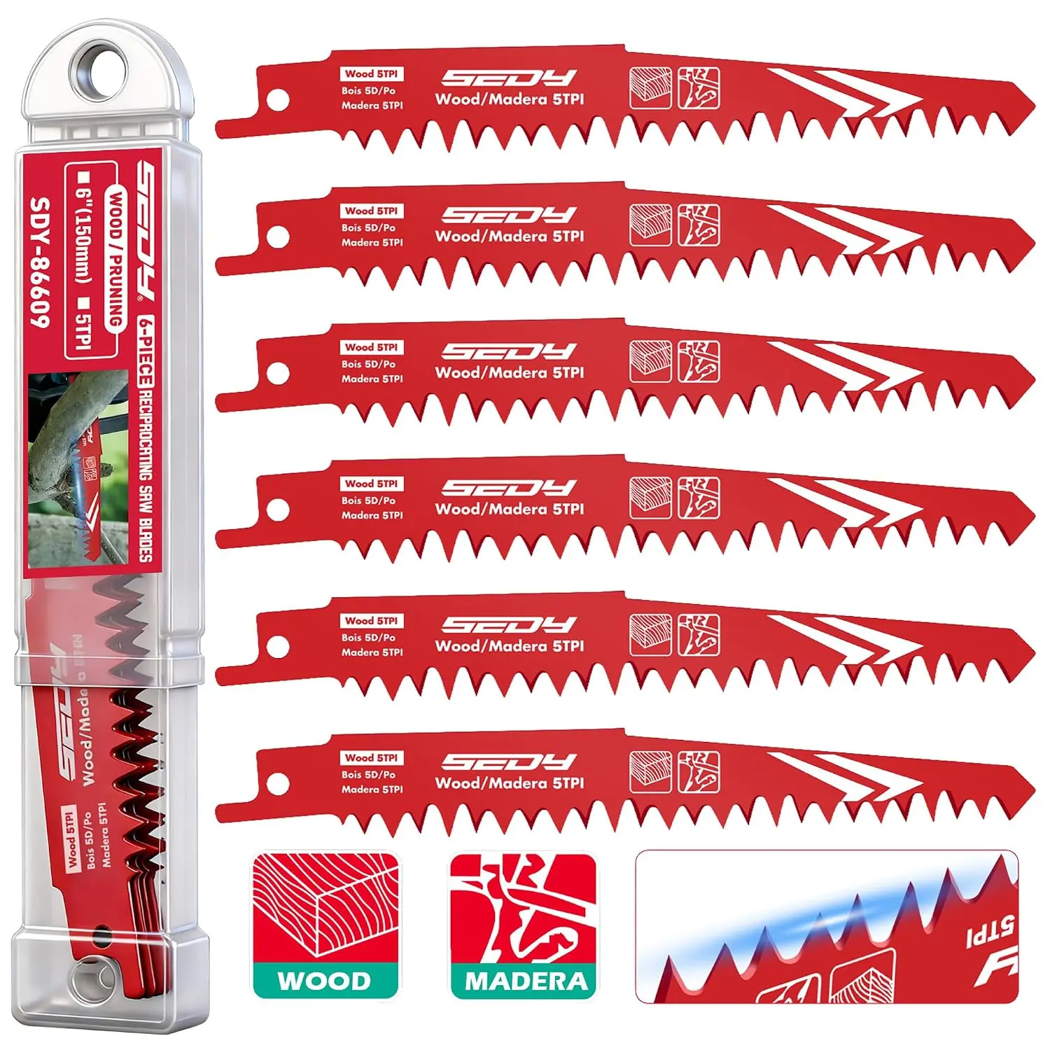 6 Inch Reciprocating   for  Pruning, 5TPI Tree & Green    with Organizer Case,  Aggressive Cut, 6 Pack