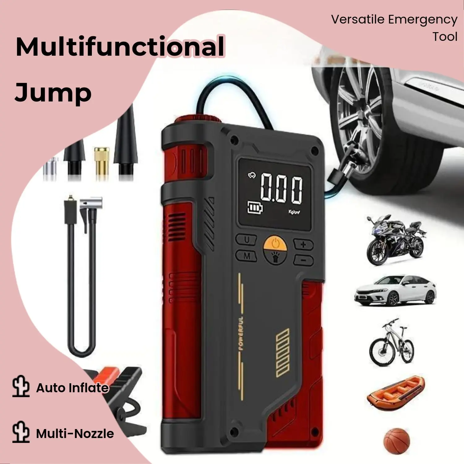Reusable Versatile Car Jump Starter Booster - 150PSI Automatic Tire Inflator, Portable Rechargeable Power Bank, LED Light for Cars/Motorcycles Emergency Use, Portable Device