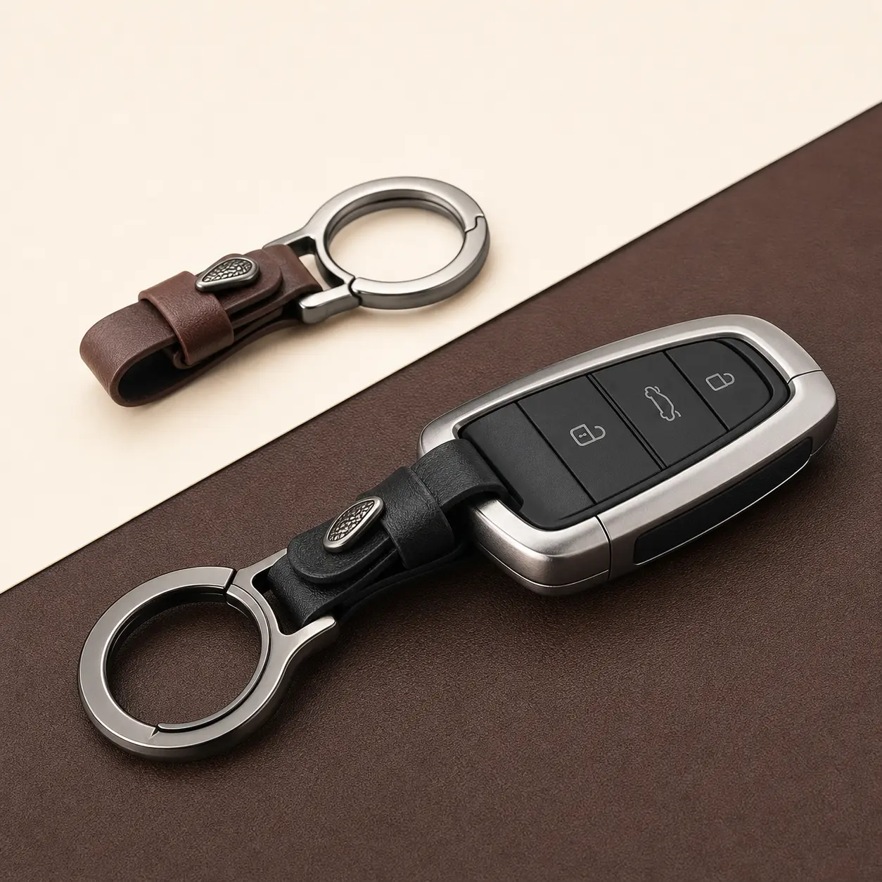 Modern Zinc Alloy Car Keychain with Leather Clip-On Strap, Slim Size, Strong Ring, Unisex Easy-Clip Holder for Car, Home Use, Everyday