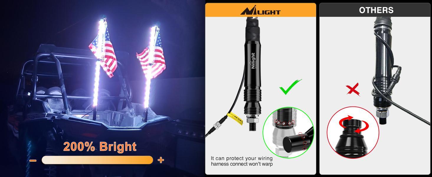 Nilight 2PCS 2FT Waterproof Dimmable Spiral RGB LED Whip Lights - Stainless Steel Lighted Antennas, RF Remote, IP67 Rated, Chase/Dance Modes for Off-Road Can-Am, Polaris UTV/ATV, Light Dimmable Nilight 2PCS 2FT Waterproof Dimmable Spiral RGB LED Whip Lights - Stainless Steel Lighted Antennas, RF Remote, IP67 Rated, Chase/Dance Modes for Off-Road Can-Am, Polaris UTV/ATV, Light Dimmable