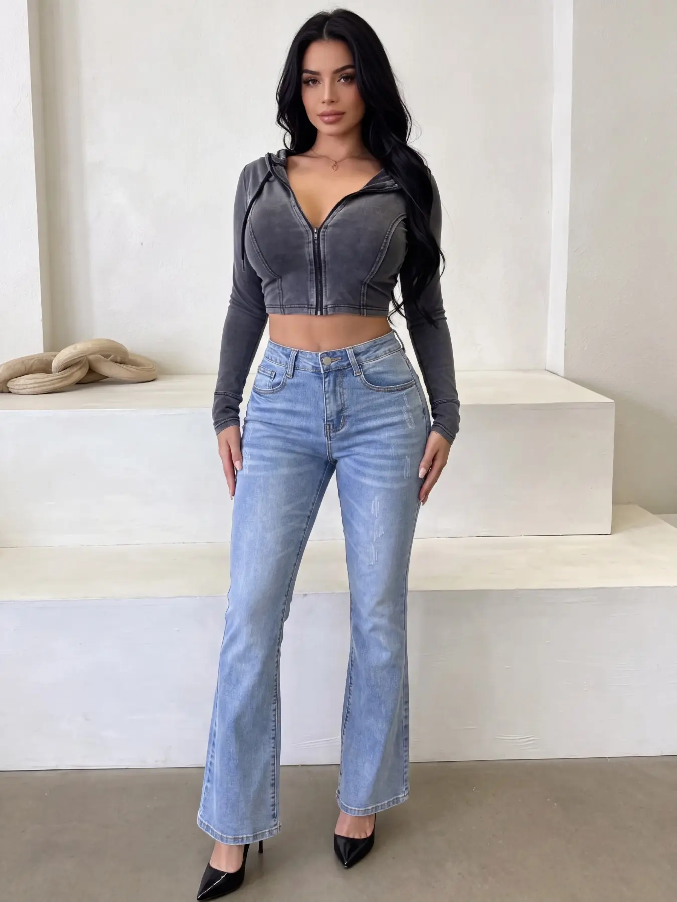 Women's Mid-Waist High Stretch Bell Bottom Jeans, Light Wash Faded Micro-Bell Long Pants, Slim Fit, Butt Lifting, Street Style