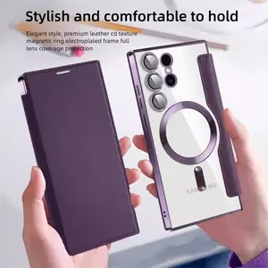 Premium Flip Leather Case Support Magnetic Charging, Electroplated Frame Shockproof Protective Case Full Coverage for Samsung Galaxy S26, S25 Edge, S23 Ultra