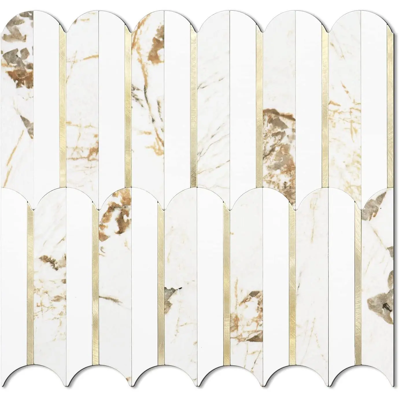 Peel and Stick Backsplash Seamless ,10 Sheets Stick  Backsplash for Kitchen and Bathroom, 12''x12'' White Marble Look PVC  Metal  Self Adhesive Fish Scale Mosaic Wall s
