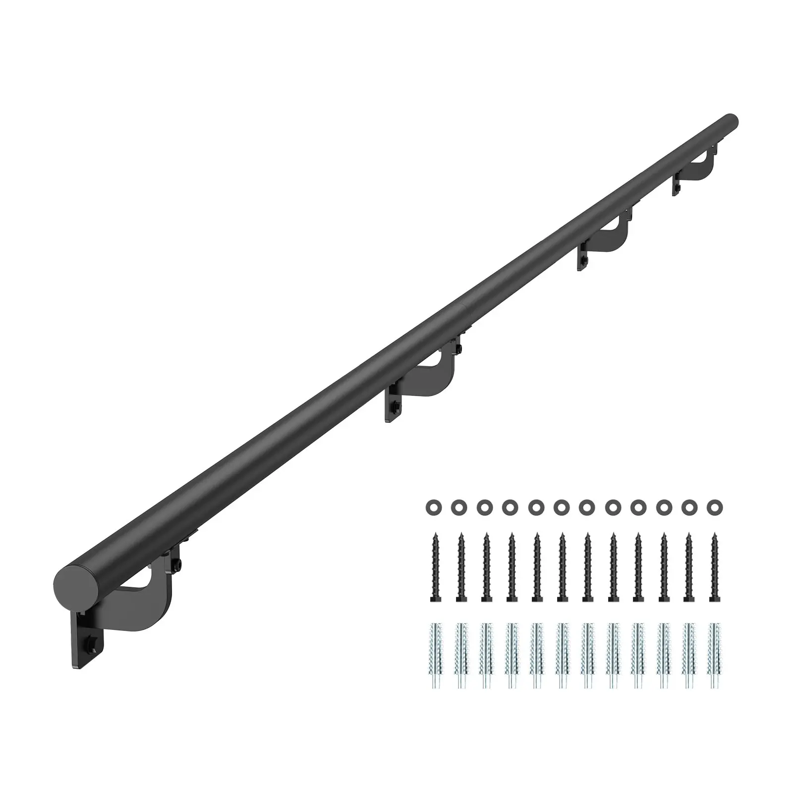 VEVOR BG-10 Wall Mounted Stair Railing, 10 ft Galvanized Aluminum Alloy Pipe (1.26 in Diameter), 120x3.31x5.04 in, 6.06 lbs Black Unit with Pipe Plugs, Reinforced Brackets, User-Friendly Easy Assembly, Indoor-Outdoor Industrial Security Railing for Steps