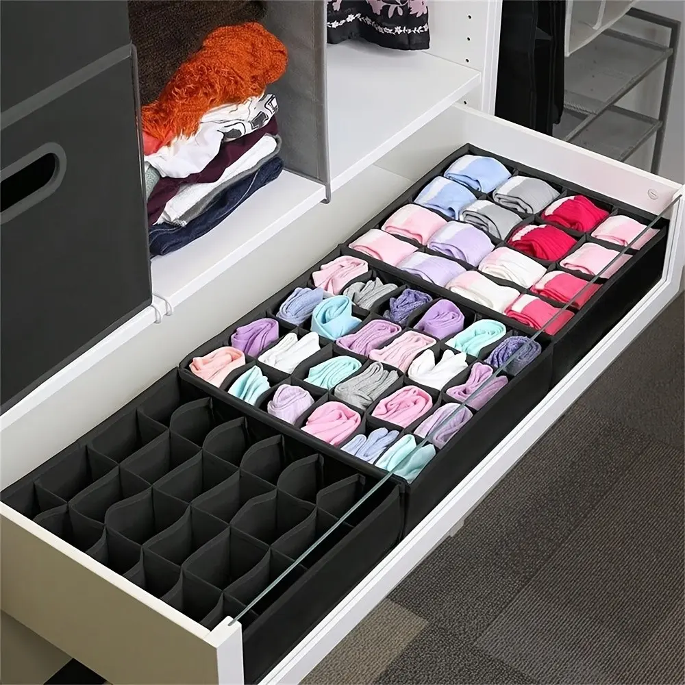 Foldable Fabric Lingerie Storage Box 24 Grids, Fabric Compartments, Clear Dust Cover, Multi-Use Space Saving Bin, Closet Organizer for Bedroom Wardrobe