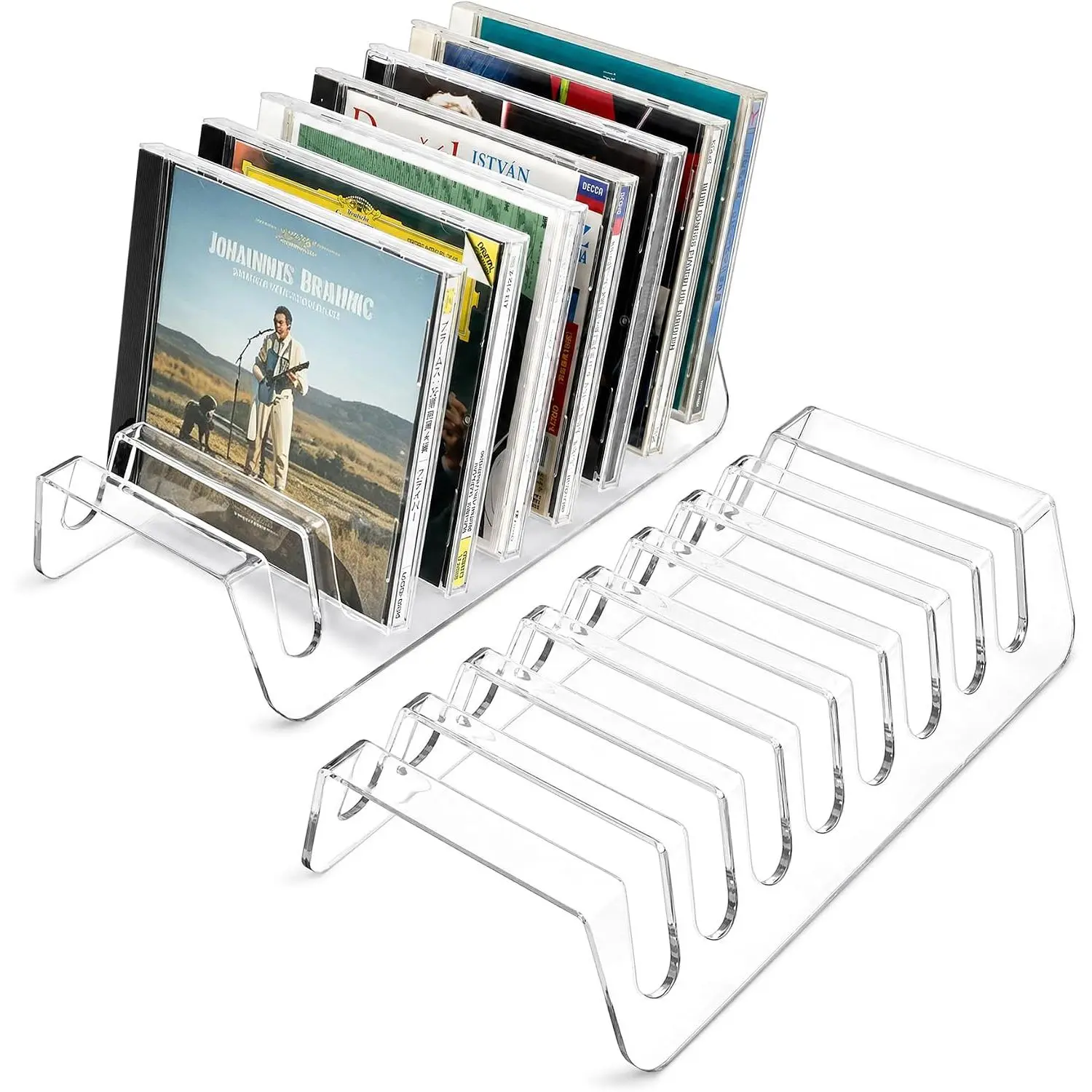 2 count Clear  CD Holder, DVD/CD Display Rack & CD Storage Box & Vinyl Record Storage Stand Holds up to 14 Standard CD Cases for Media Shelf Storage and Organization