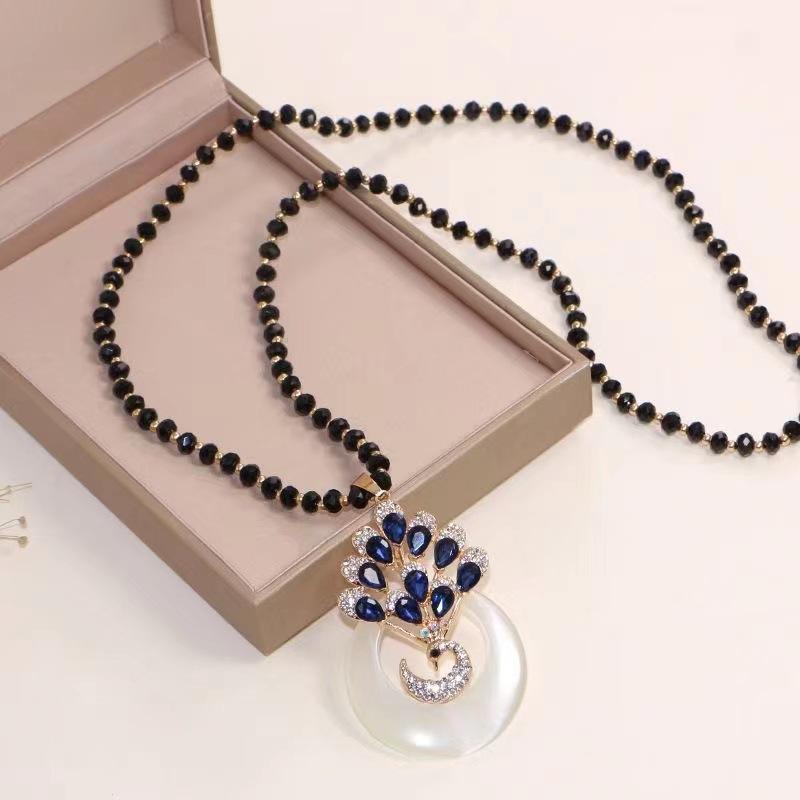 Versatile Cubic Zirconia Sweater Chain Long Fashion Pendant Necklace Accessory Simple Cat's Eye Stone Peacock Pendant