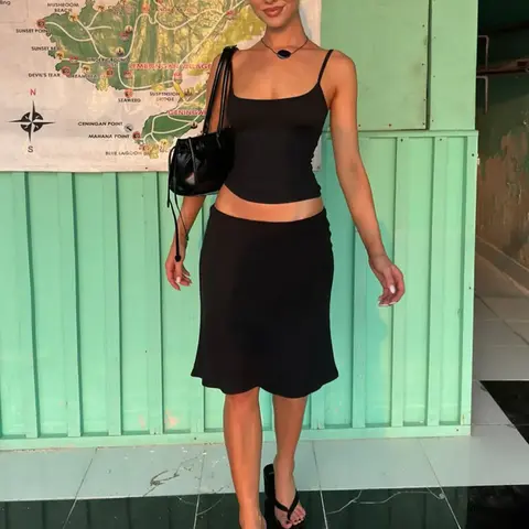 Women's Minimalist Solid Color Two-piece Set, Casual Fitted Set, Basic Sleeveless Cami Top & Short Skirt Set, Backless Adjustable Spaghetti Strap Camisole & Skirt, Ladies Summer Outfits for Parties, Clubs, Dates & Holidays, Casual Clothes