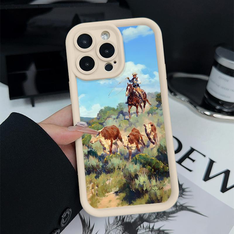 Cowboys driving cattle Pattern Man's Phone Case for iPhone 16 15 14 Pro Max 13 12 11 XR XS Plus Shockproof Non Slip Military-Grade Protection Silicone Cover Cellphone Protective Smartphone Casing