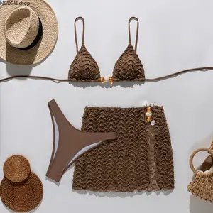 Crochet Lace Bikini Set - Trendy Beaded Halter Triangle Top with Ruched Mini Skirt, Sexy Boho Two Piece Swimsuit, Flattering Summer Beachwear for Vacation and Pool Party