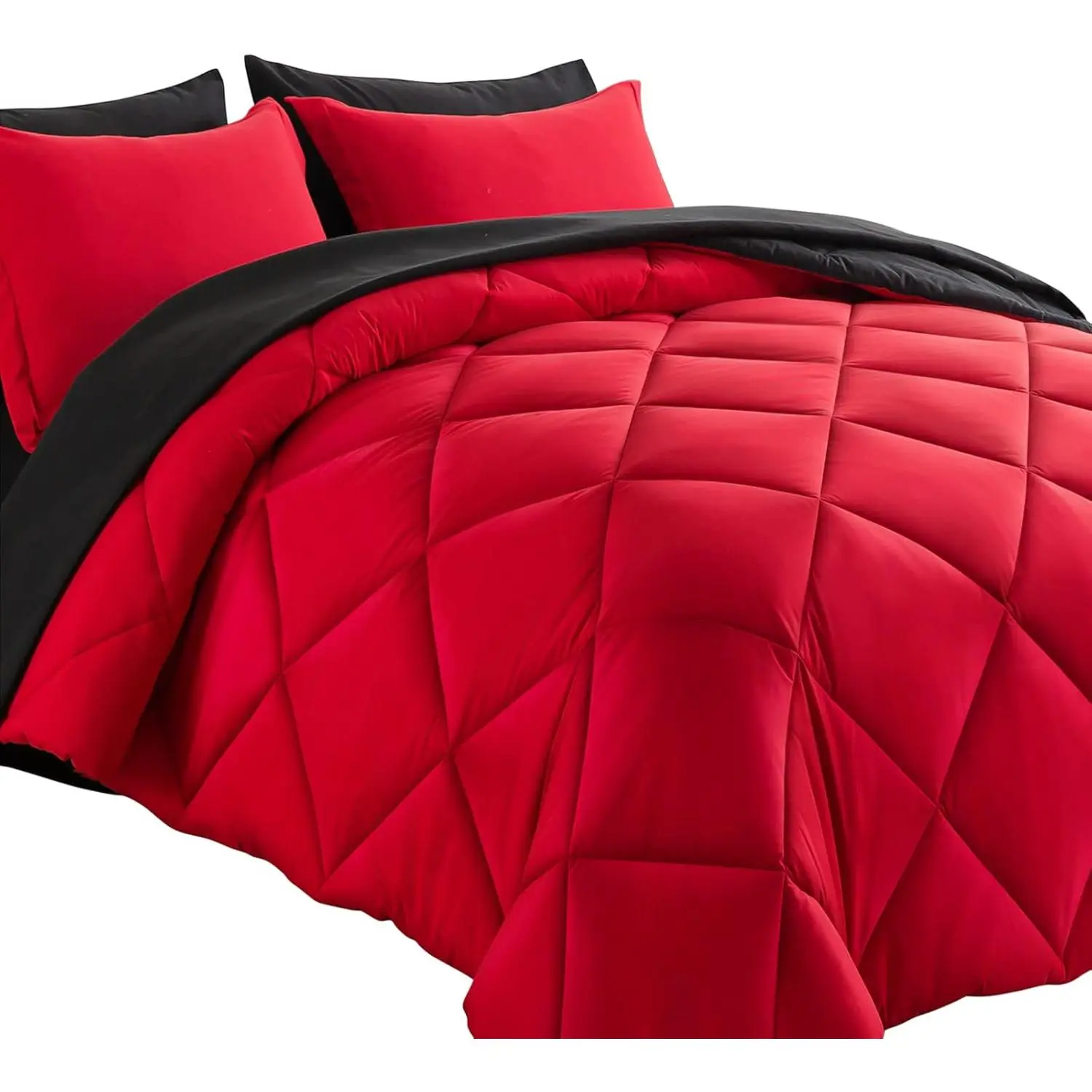 Bed in a Bag Queen Reversible Comforter Sets 7pcs All Season Down Alternative Bedding Sets Red and Black with Comforter, Pillow Shams, Flat Sheet, Fitted Sheet and Pillowcase
