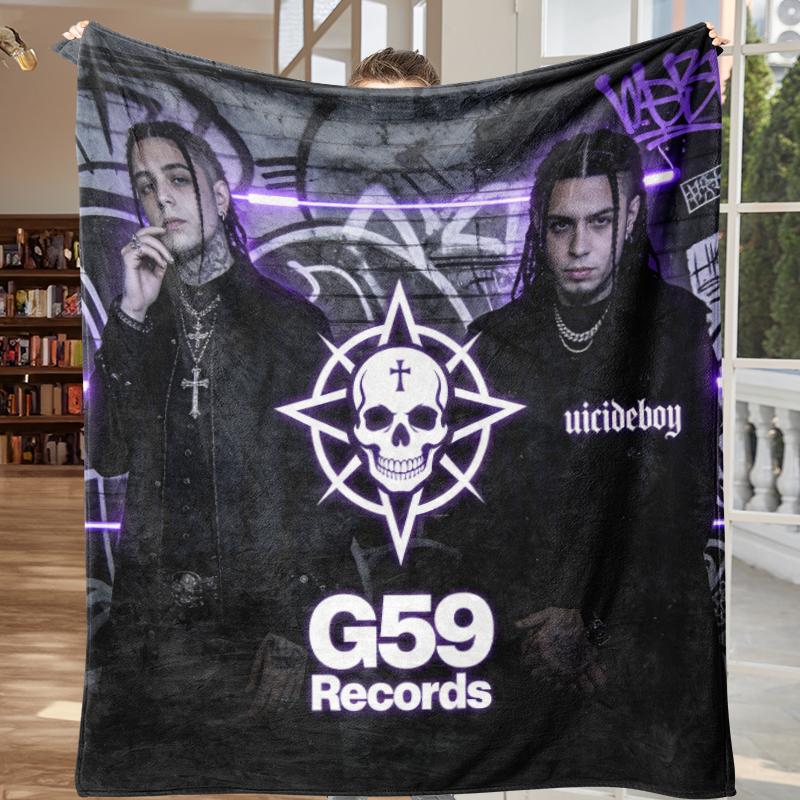 Suicideboy G59 Records Iconic Symbol Collage Fleece Blanket - Grey59 Suicideboys Dark Gothic Graffiti Ultra Soft Plush Throw, Underground Rap Merch, Streetwear Aesthetic Home Decor, Cozy Flannel Blanket for $B Fans