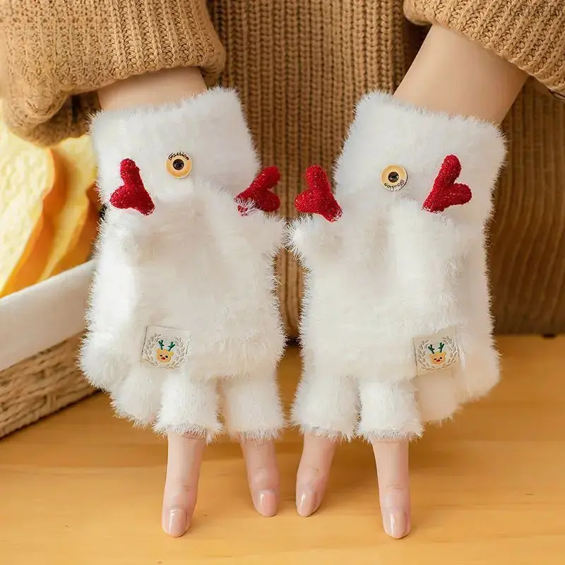 Christmas Reindeer Antler Flip Top Plush Gloves, Winter Convertible Half Finger Windproof Thermal Writing Gloves for Students