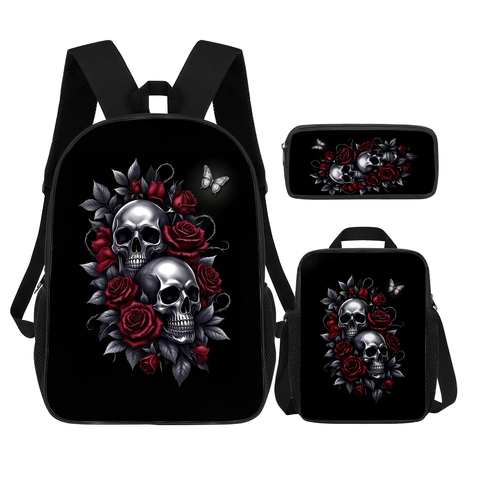 Men's Gothic Skull Rose Printed Backpack - Black Edgy Floral Bags Set, Padded Straps, Side Mesh Pockets, Top Handle, Hazard-Free Goth Gift for Students, School Use Backpacks for School