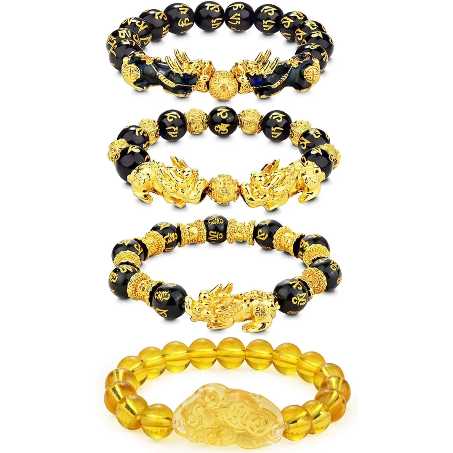 4 Pcs Feng Shui Black Obsidian Wealth Bracelets for Men Women Pi Xiu/Pi Yao Bead Bracelet Good Luck Hand Carved Mantra Stone Bracelet Elastic