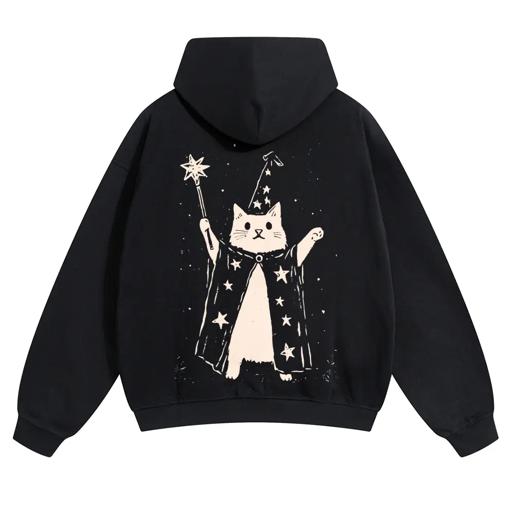 [ DTG Print ] Grain Print Wizard Cat Star Cape Magic Wand Night Sky Back Print Unisex pure cotton sweatshirt