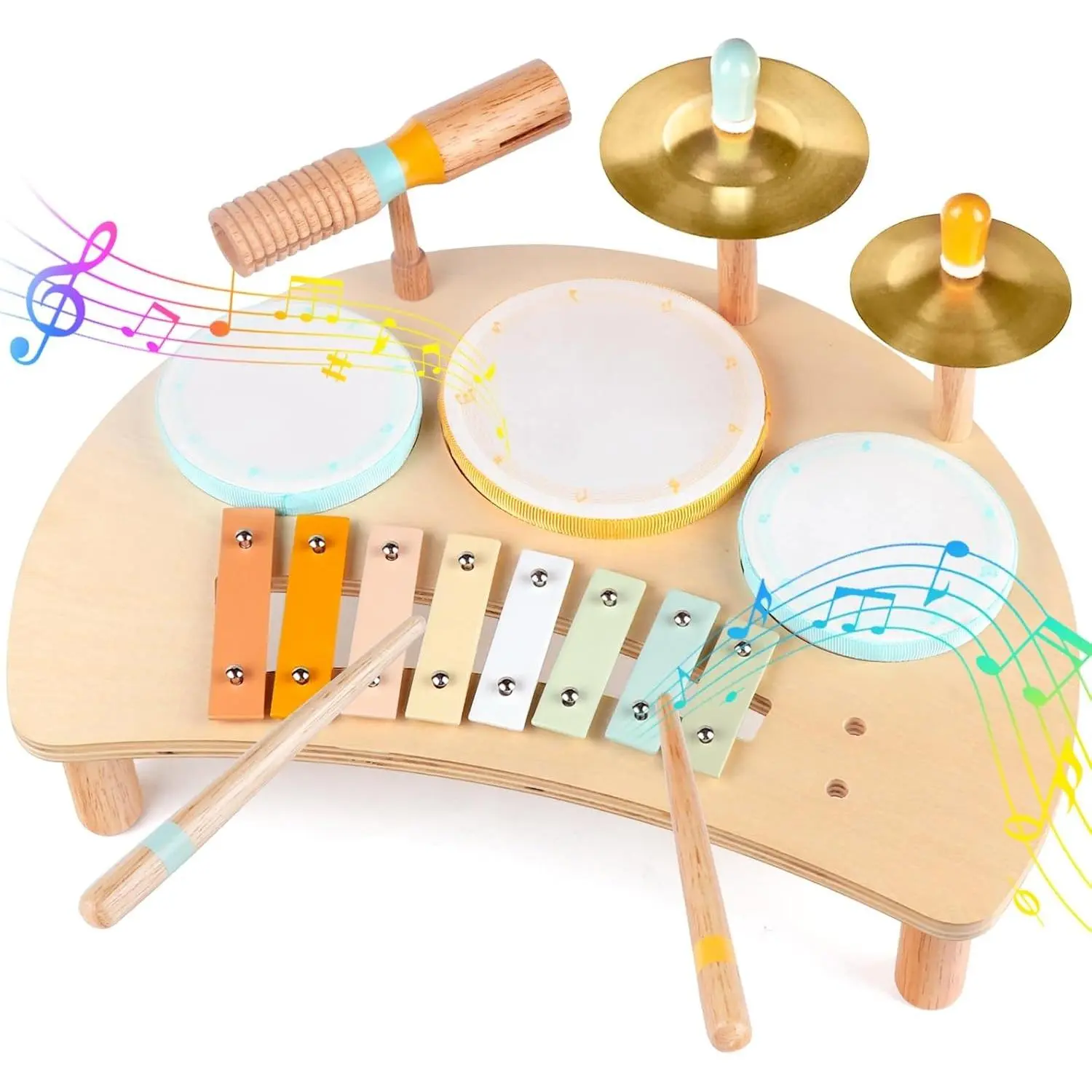 Multicolored Kids Wooden Drum Set with Xylophone - Montessori Toddler Toys for 1-3 Years, Preschool Early Learning Educational Music Toys, Ideal Birthday Gift for Boys Girls