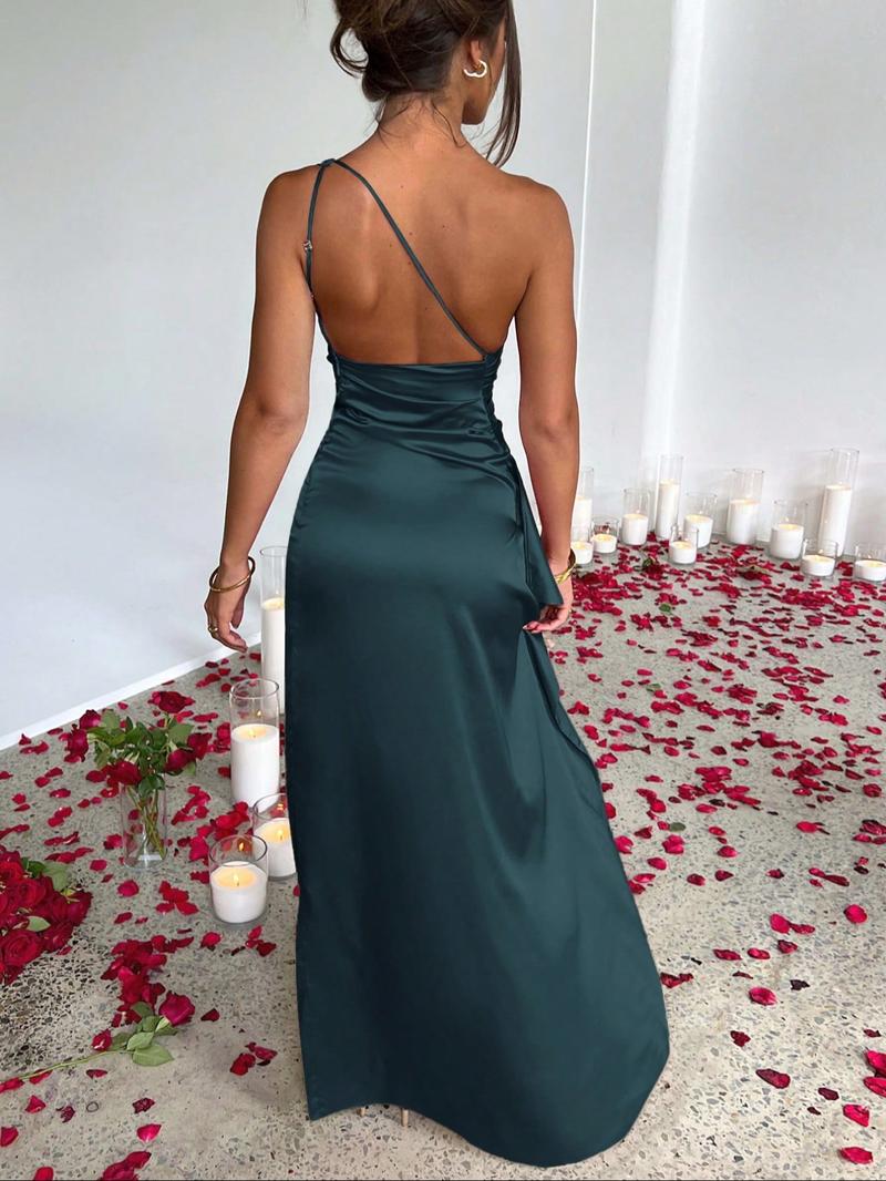 Women's Plain Satin One Shoulder Party Dress, Elegant Slit Hem Sleeveless Evening Party Gown, Ladies Clothes for All Seasons