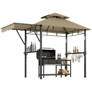 8x5 ft Grill Gazebo with Double-Tier Vented Roof, Heavy Duty Steel Frame, Side Shelves, 4 LED Lights, 10 Hooks, Bottle Opener – Weather-Resistant Outdoor Patio BBQ Canopy for Backyard, Garden, Picnic – Brown