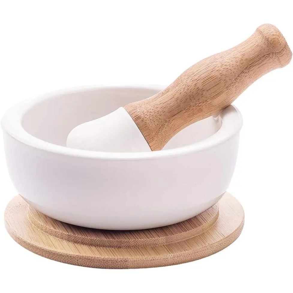 Porcelain Mortar and Pestle Set with Lid, Functional for Grinding | Pill Crusher, Spice Grinder, Herb Bowl, Pesto Powder – Molcajete for Salt - PLUS Lid/Non-Slip Base