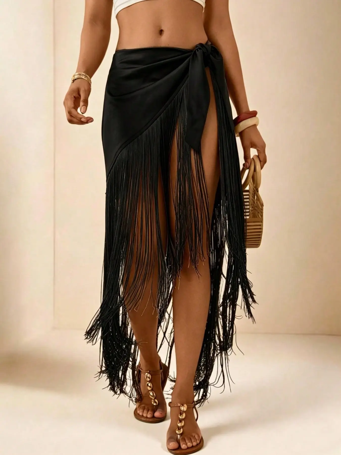 Satin Fringe Wrap Midi Skirt for Women, Adjustable Side Tie Split Dress, Long Flowing Fringe Design, Vacation Music Festival Style, Fit