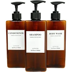 Shampoo and Conditioner Dispenser | 3 Plastic Amber | Shampoo Dispenser with Waterproof Labels | Shower Bottles Refillable with Pump (Without Wall Mount)
