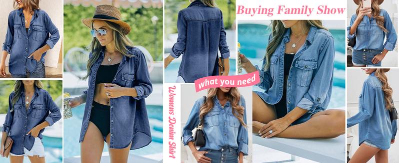 FMEYOA Womens Button Down Denim Shirt Long Sleeve Roll Up Casual Oversized Jean Shirt Jacket Distressed Tunic Tops