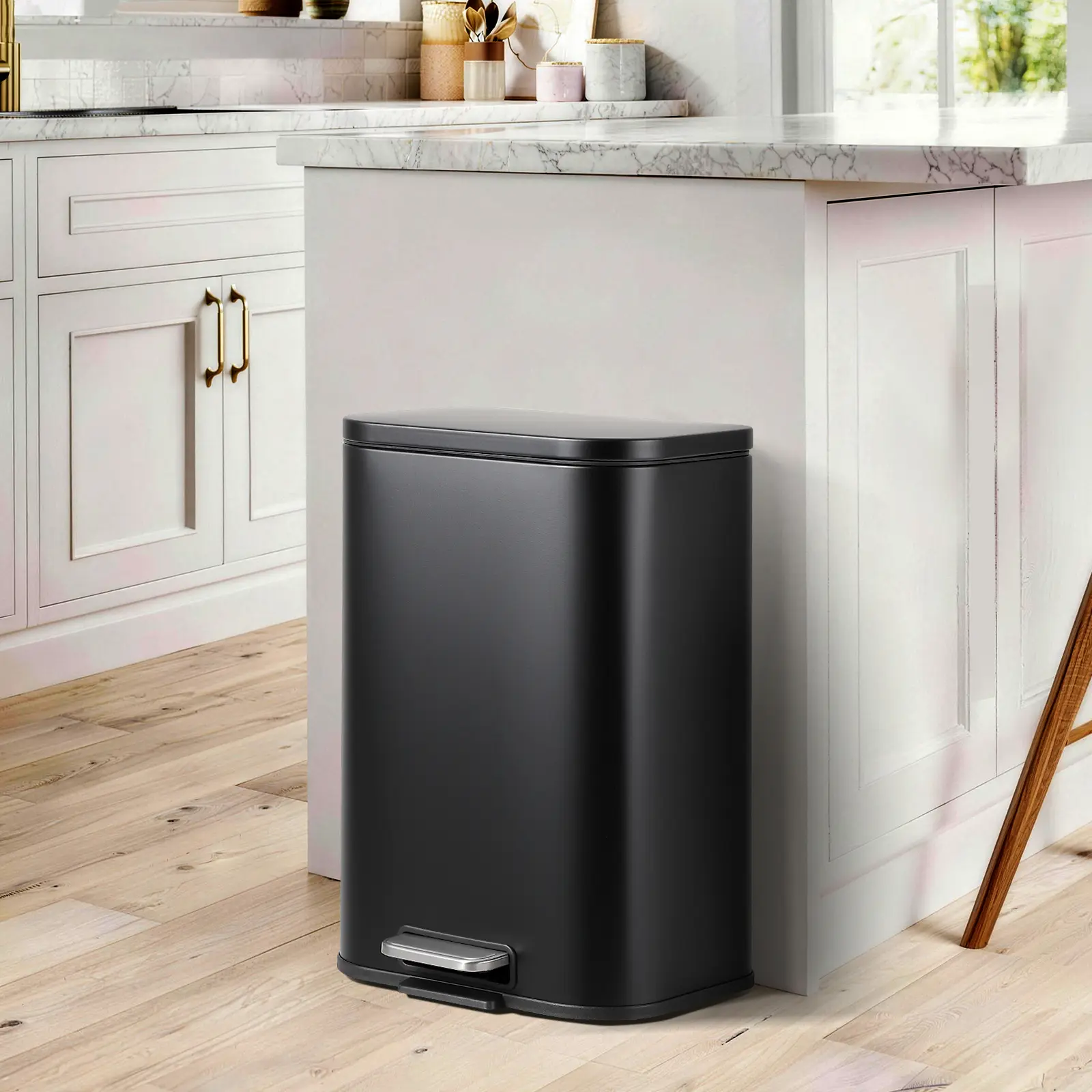 Modern Rectangular Fingerprint-Proof Stainless Steel Touchless Pedal Rubbish Bin - 12L/20L/30L, Soft-Close Lid, Space-Saving, Removable Inner Bucket, Black/White for Kitchen, Bathroom Home Supplies