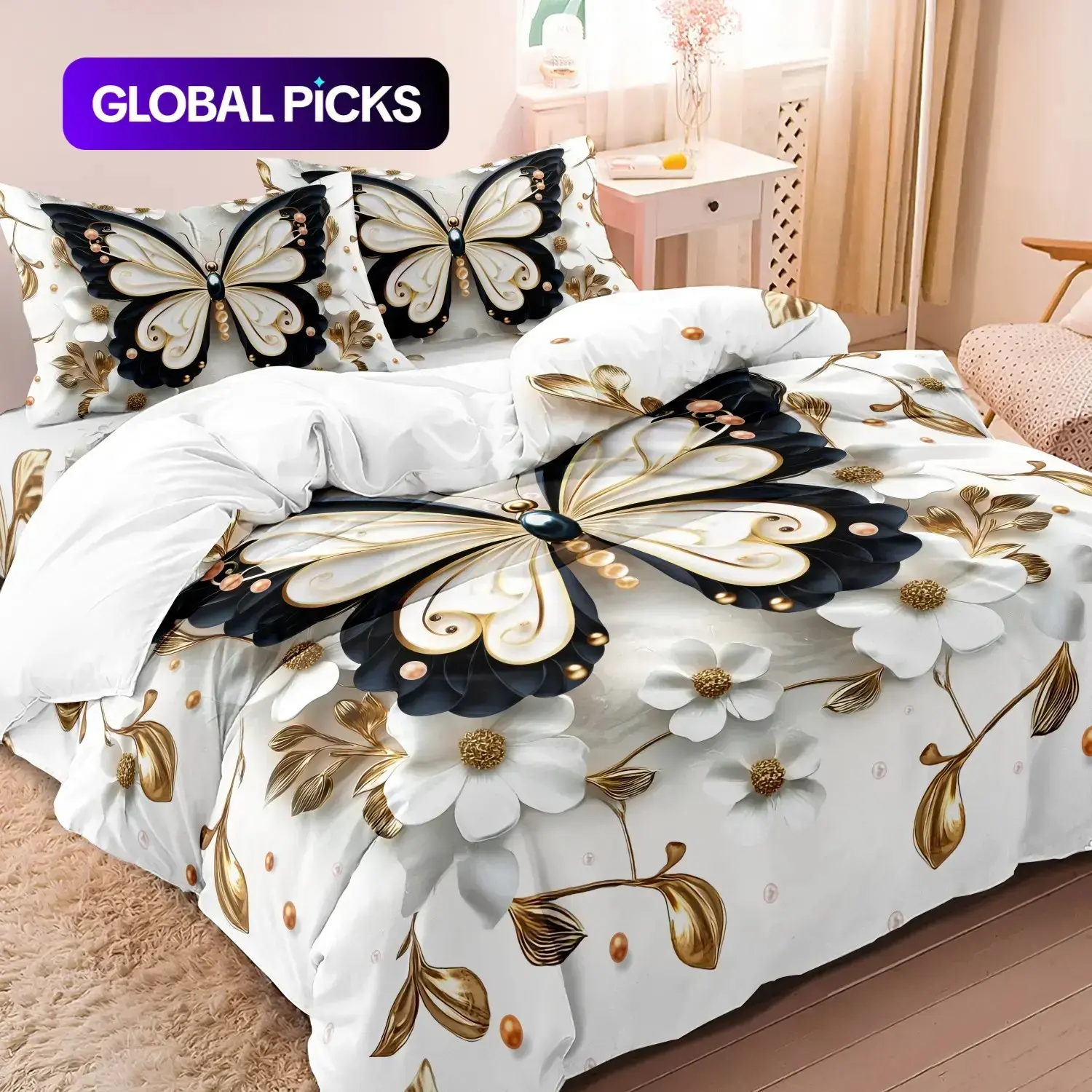 Shiny Rhinestone Butterfly Floral 3 Piece Duvet Cover Set Without Comforter, Multicolor Crystal Butterfly Flower Print Soft Bedding For Bedroom
