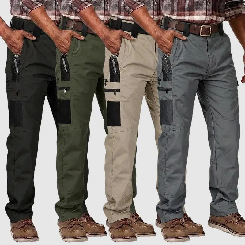4PCS Men's Solid Color Tactical Work & Training Pants, 230g/m² High Density New Fabric Equipped with Multiple Zipper Closure Pockets, Wearproof Multi-Color Trousers Suitable for Spring Autumn Daily Work Fishing Hiking Camping Outdoor Activities