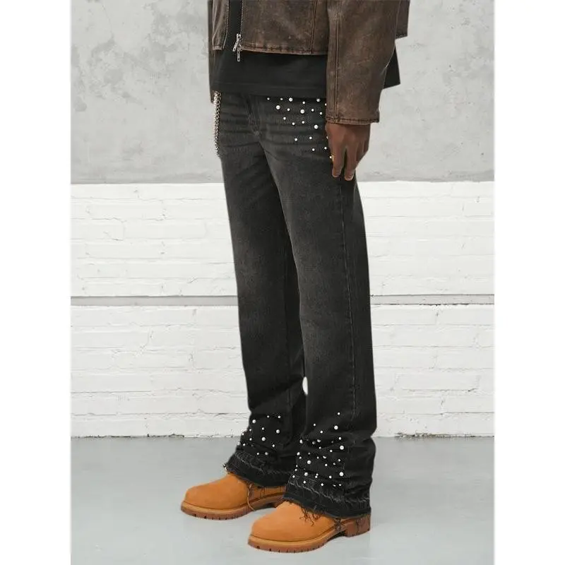 Men's Heavy Crafted Embroidered Flare Jeans, Gradient Beaded Denim Jeans, Casual Elastic Flare Jeans, Comfortable Fashion Design