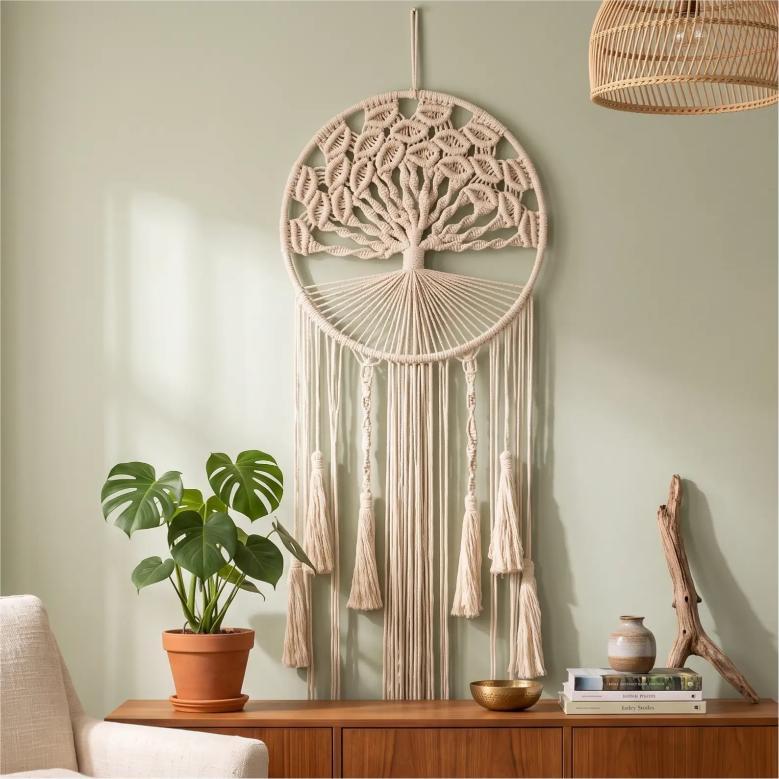 Tree of Life Macrame Dreamcatcher - Handwoven White Cotton Hanging Wall Art with Knot Detailing, Flowing Fringe, Nature-Inspired Light Backdrop, Boho Decoration for Positive Energy & Peaceful Sleep