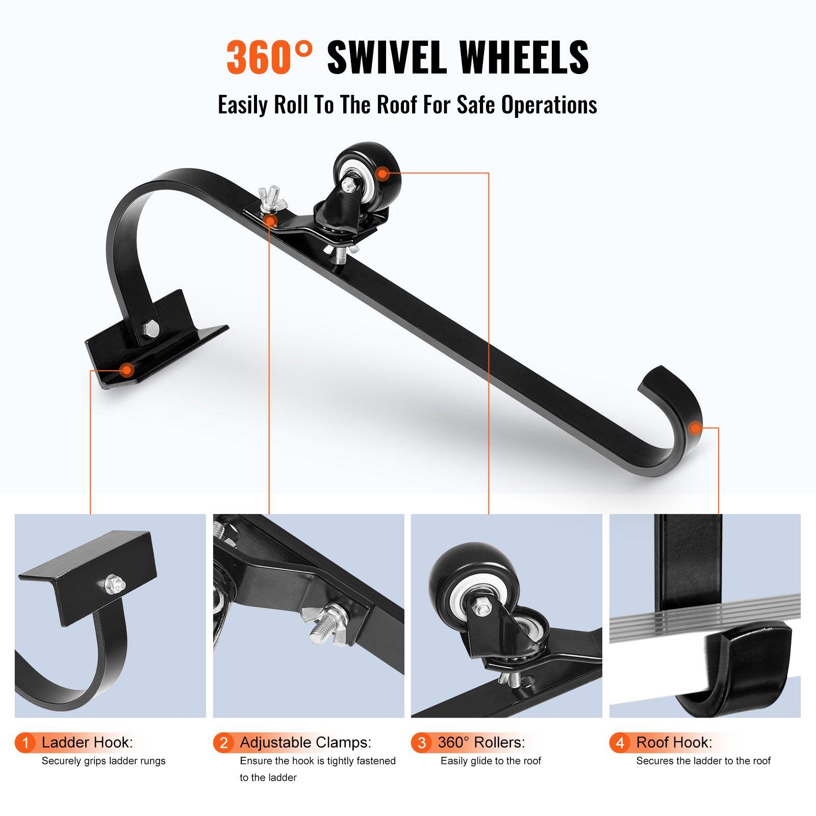 VEVOR Ladder Roof Hook, 2 Pack with Fixed Wheel & Swivel Bar, Wheel Heavy Duty Steel Ladder Stabilizer, Roof Ridge Extension for Damage Prevention, 600 lbs Weight Rating, Easy to Access Steep Roofs