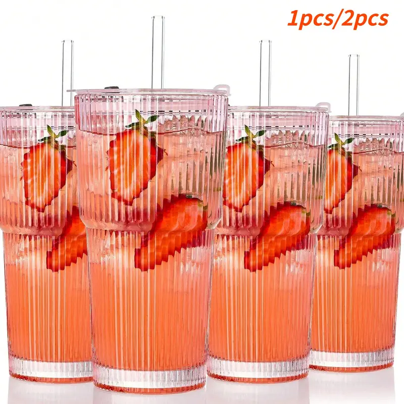 Large Capacity Striped with Lid, Insulated, Multi-Purpose for Cold Drinks, Juice and Coffee, Ideal for Home and Office Use, Glass Drinking Cup