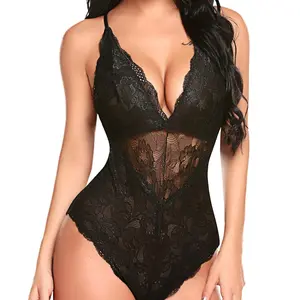 Women Snap Crotch Lingerie Sexy Lace Bodysuit Deep V Teddy One Piece Lace Babydoll