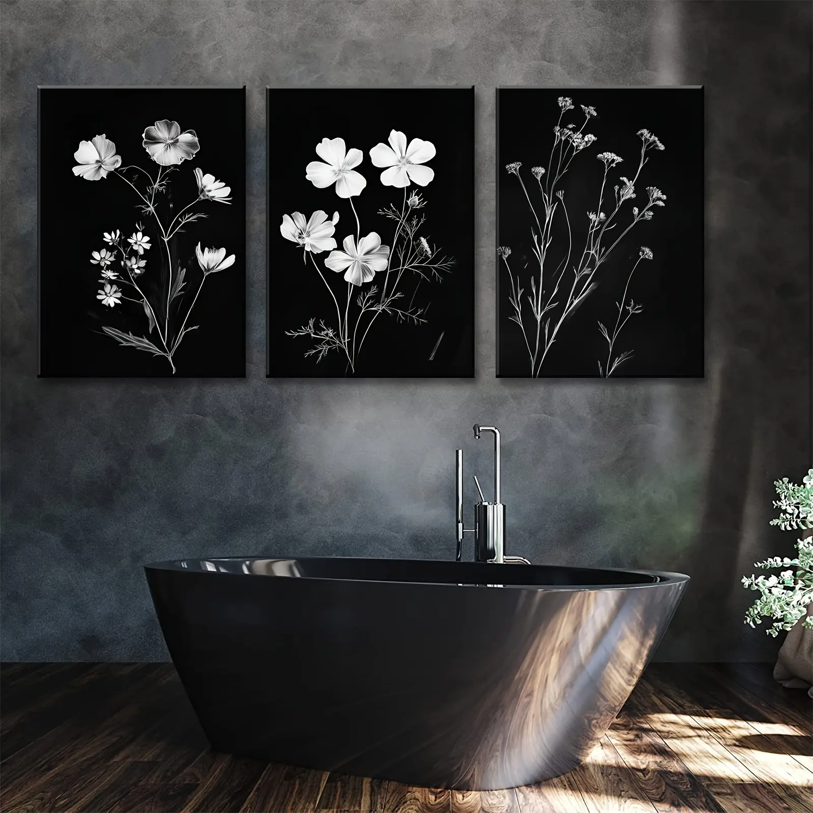 3-piece wooden framed canvas paintings, black and white wildflowers and plants, modern prints, very suitable for office corridor, home, and living room decoration, holiday gift, an excellent Christmas present
