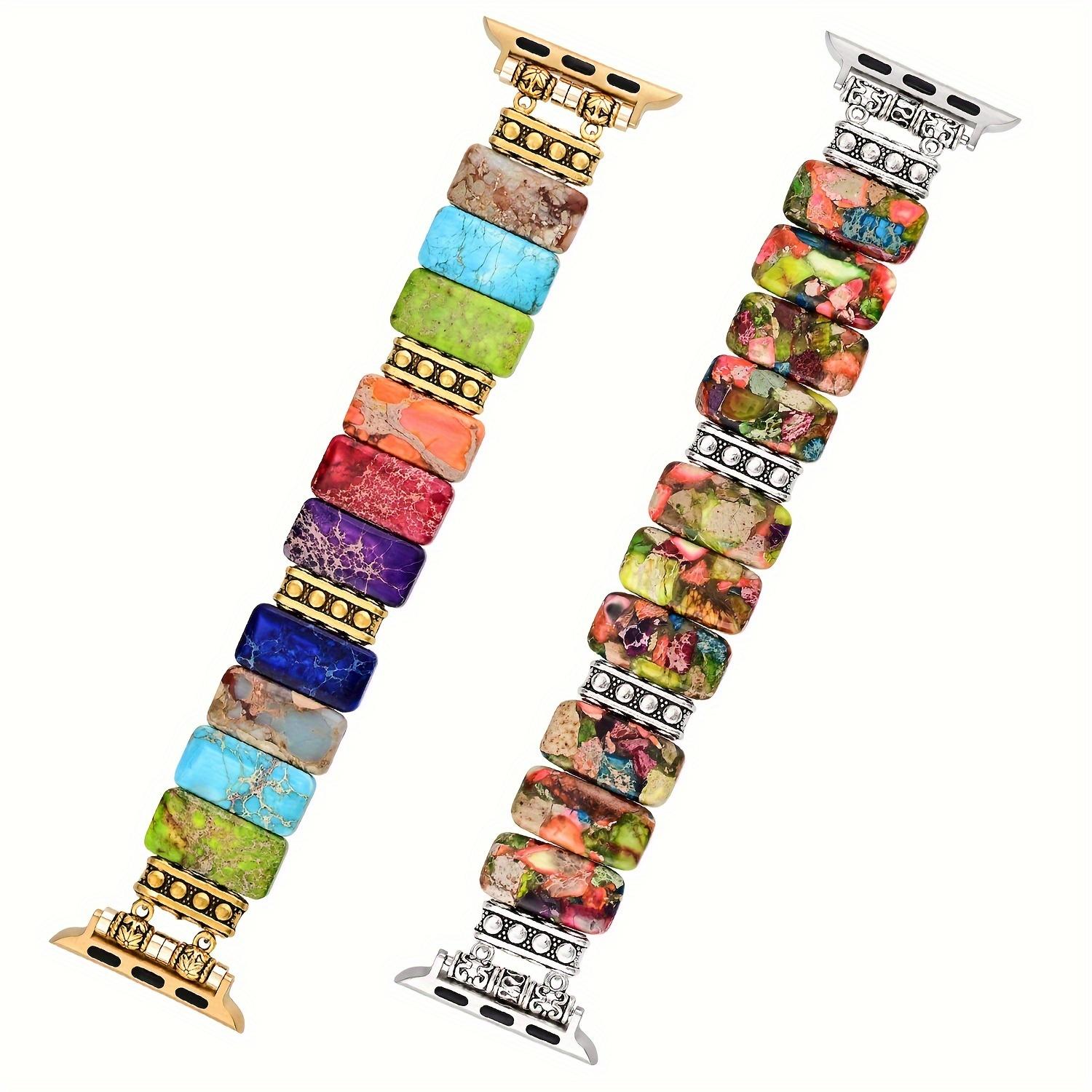 Colorful Natural Stone Beaded Apple Watch Band, Handmade Elastic Stretch Strap Compatible with iWatch Series 9/8/7/6/5/4/3/2/1 38mm-49mm, Cute Feminine Watch Band for Women