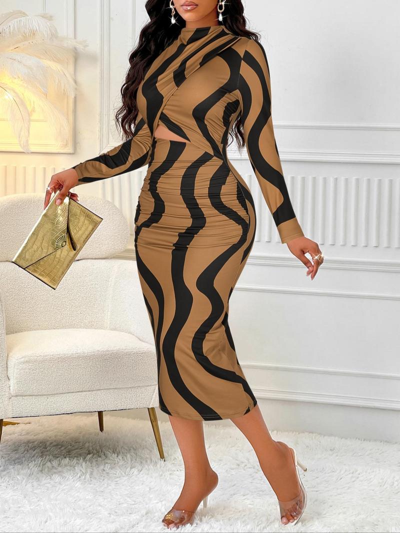 Aliling Women's Colorblock Print Cut Out Bodycon Dress, Elegant Fashion Casual Long Sleeve Dress for Daily Outdoor Wear, Women Dress for Spring Fall