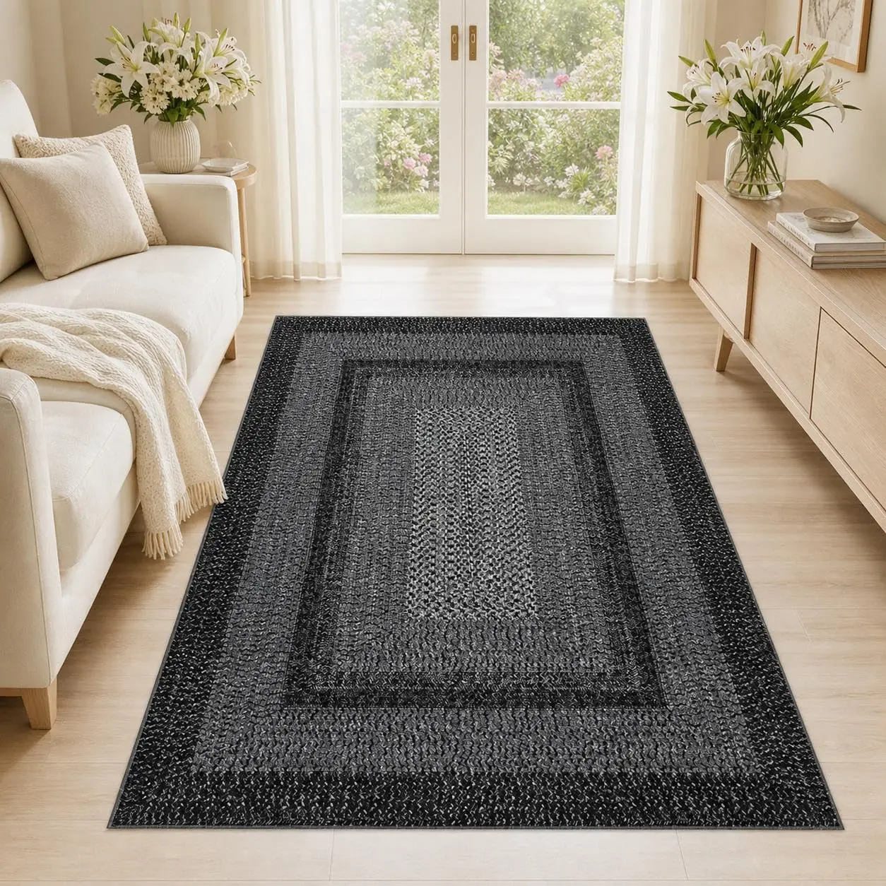 5x7 Printed Washable Rug - Brown & Black - Soft Low Pile Non Slip Area Rug for Living Room, Bedroom & Nursery - Stain Resistant & No Pilling