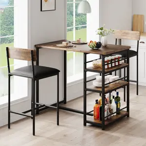 Modern 3-Piece Dining Table Set for 2 – Bar Height Table with 2 Upholstered Chairs & 3 Storage Shelves – Space-Saving for Kitchen, Apartment, Breakfast Nook