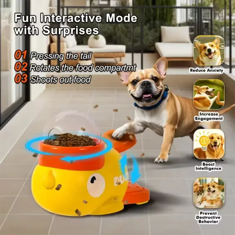 Pet feeder, interactive educational fun feeding machine, smart slow-feeding dog toy, yellow duck interactive cat food dispenser, durable plastic dog training toy, non-slip base