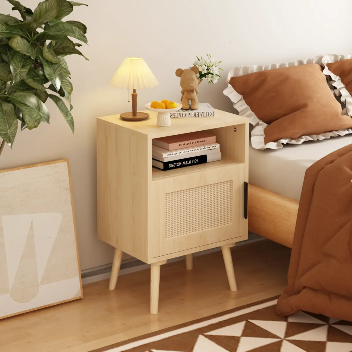 Single Modern 22.83'' H Reinforced Rattan Weave Nightstand - MDF Accent, Cane-Decorated Drawer, Solid Wood Legs, Open Shelf, Compact Clean Aesthetic Bedroom Side Table with Door, Special Screws for Small Spaces, Indoor Office Use