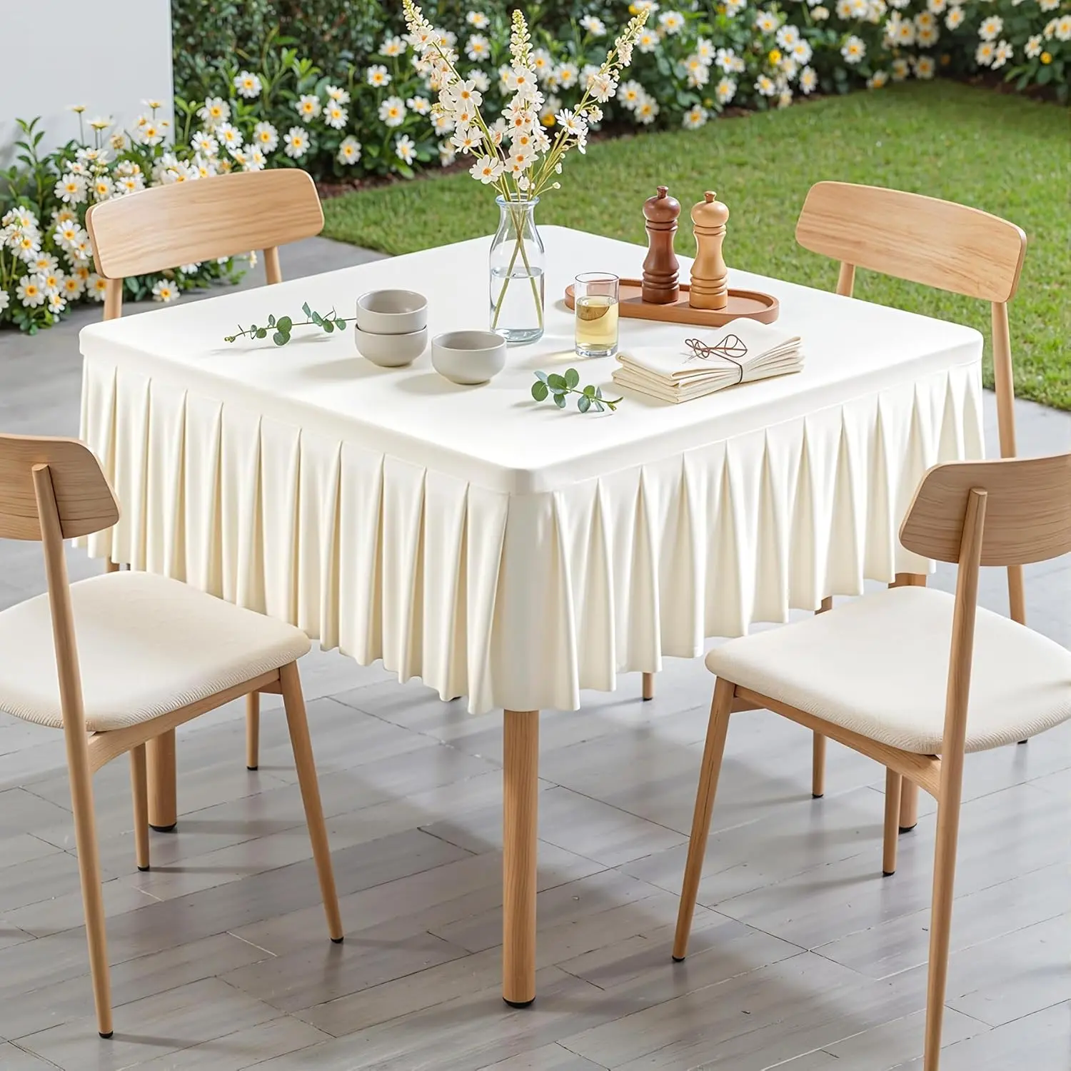 Ivory Square Tablecloth - 34x34 Inch Stretchy Fitted Tablecloths for Small Square Card Tables with Ruffle Pleated Table Skirt Wrinkle-free Spandex Table Cover for Dining, Kitchen, Patio & Gift Display